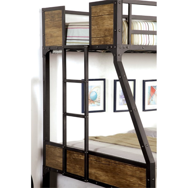 Bowery Hill Steel Metal Wood Black Bunk Bed Twin Over Full Rectangular 78.38