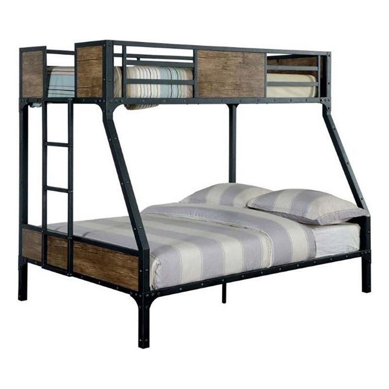 Bowery Hill Steel Metal Wood Black Bunk Bed Twin Over Full Rectangular 78.38