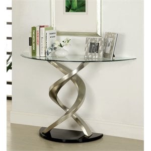 Bowery Hill Metal Satin Console Table Oval Tempered Glass Top 28.75&quot H x 45&quot W x 18&quot D