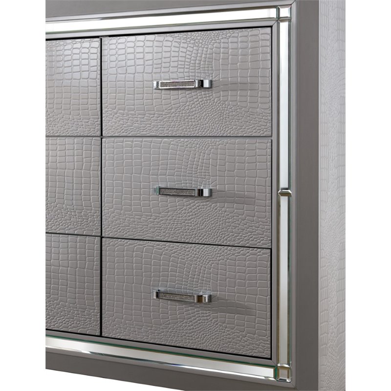 Bowery Hill 9 Drawers Contemporary Wood LED Dresser and Mirror Set in Silver