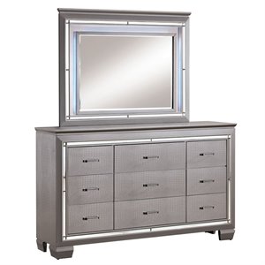 Bowery Hill 9 Drawers Contemporary Wood LED Dresser and Mirror Set in Silver
