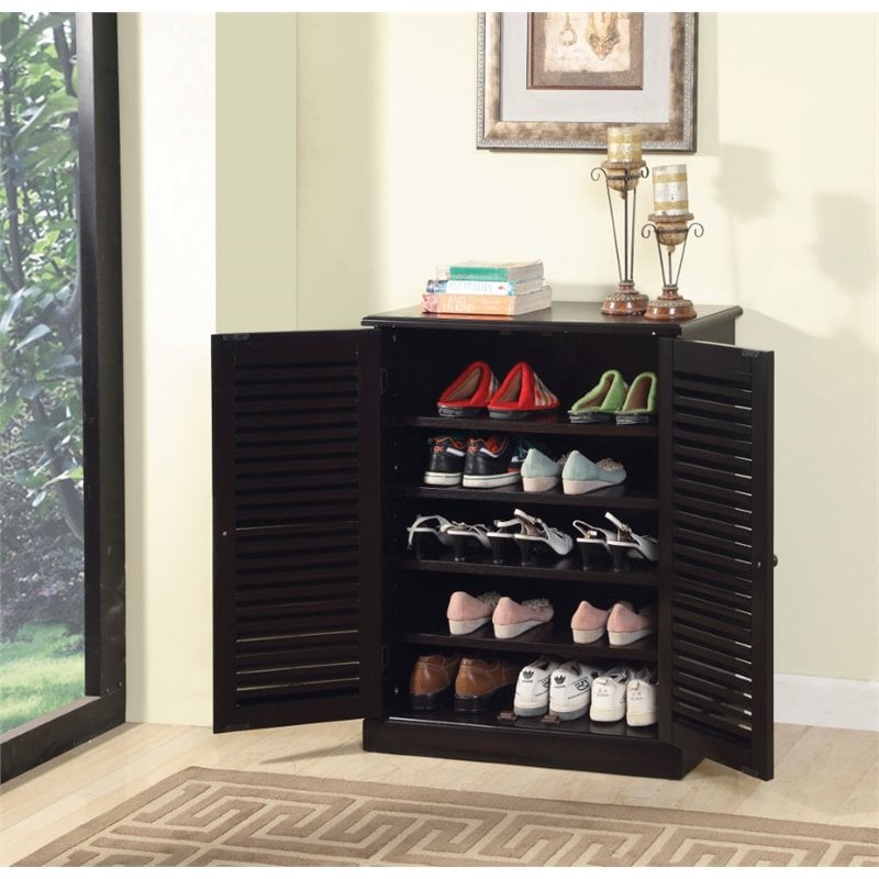 Bowery Hill Solid Wood Espresso Shoe Cabinet Rectangular Adjustable Shelves 34.5