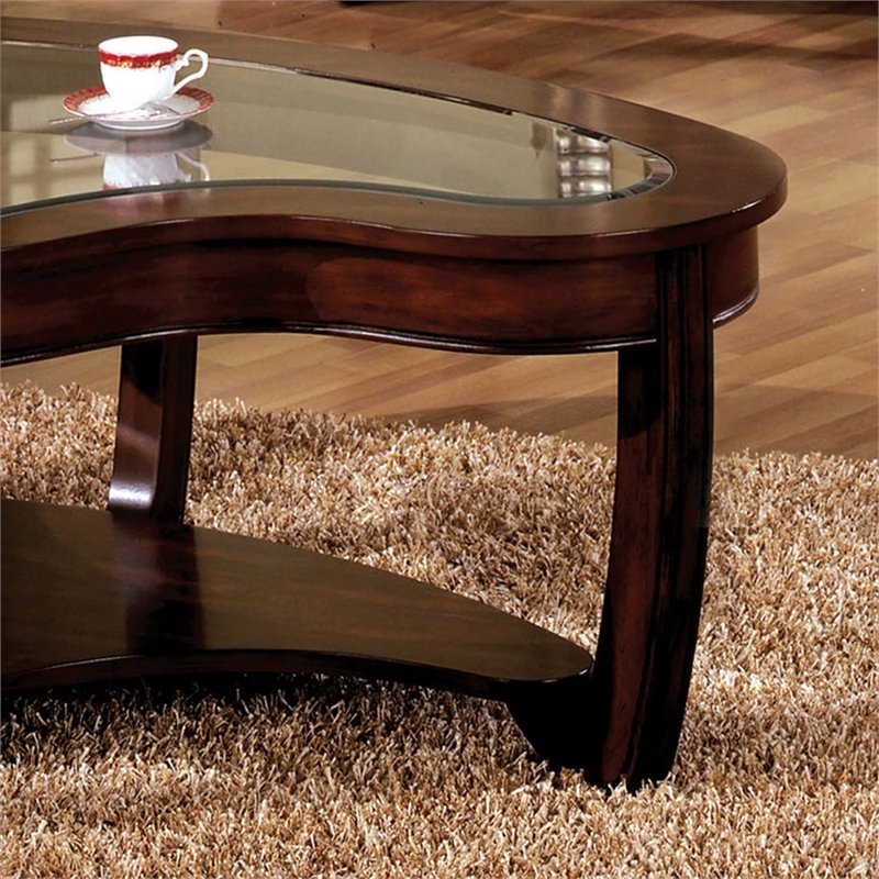 Bowery Hill Solid Wood Dark Cherry Coffee Table Rectangular Tempered Glass Inserts Unassembled