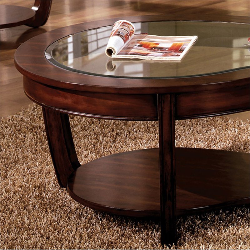 Bowery Hill Solid Wood Dark Cherry Coffee Table Rectangular Tempered Glass Inserts Unassembled