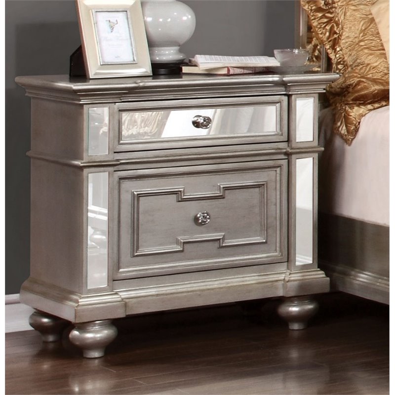 Bowery Hill 2 Drawers Contemporary Wood Nightstand with Mirrored in Silver
