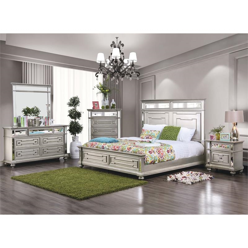 Bowery Hill 2 Drawers Contemporary Wood Nightstand with Mirrored in Silver