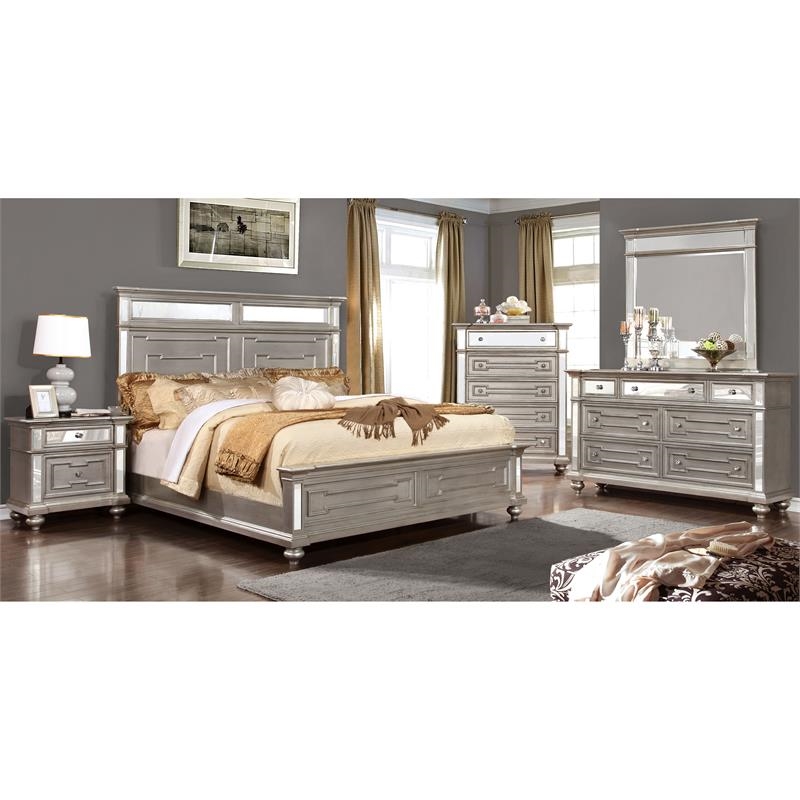Bowery Hill 2 Drawers Contemporary Wood Nightstand with Mirrored in Silver