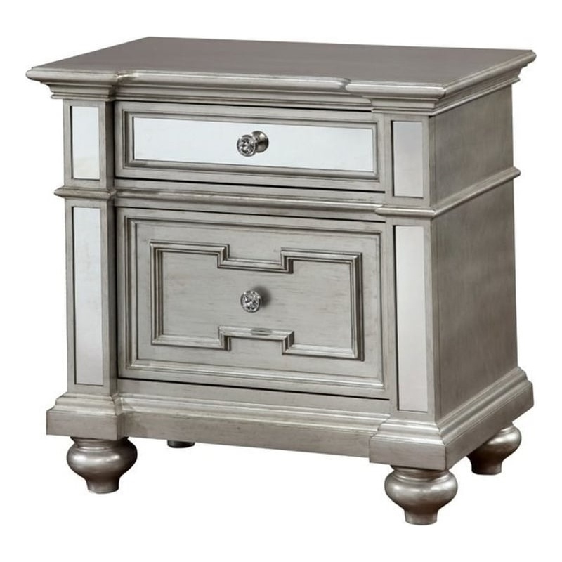 Bowery Hill 2 Drawers Contemporary Wood Nightstand with Mirrored in Silver