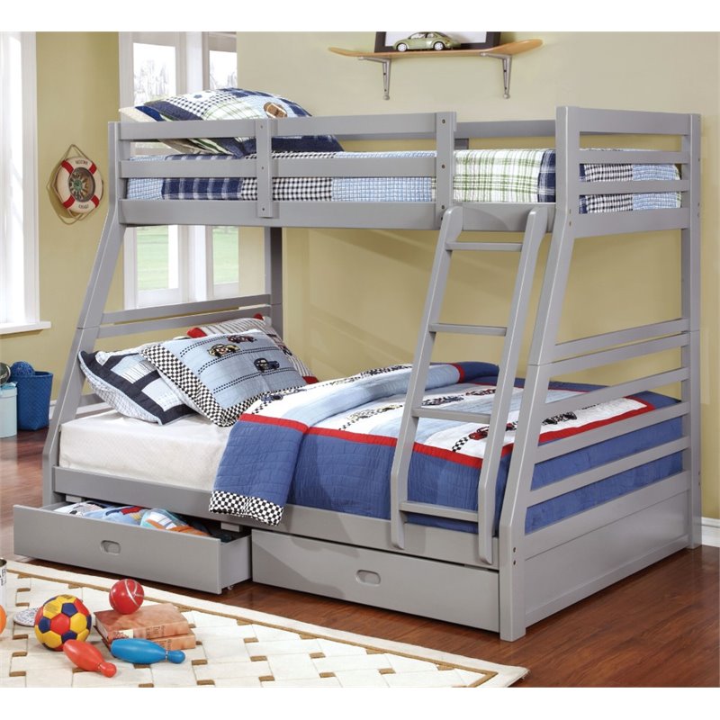 Bowery Hill Solid Wood Gray Twin Over Full Bunk Bed Rectangular Storage 78.38
