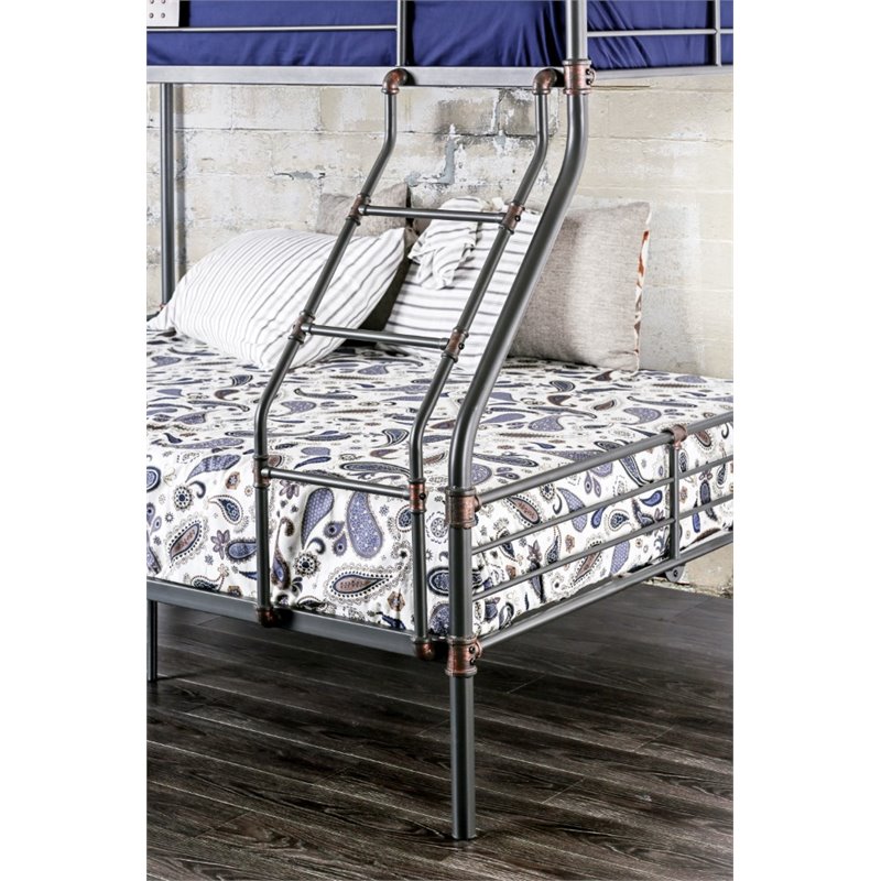 Bowery Hill Steel Metal Antique Black Bunk Bed Full Over Queen Rectangular Guard Rails 68.13