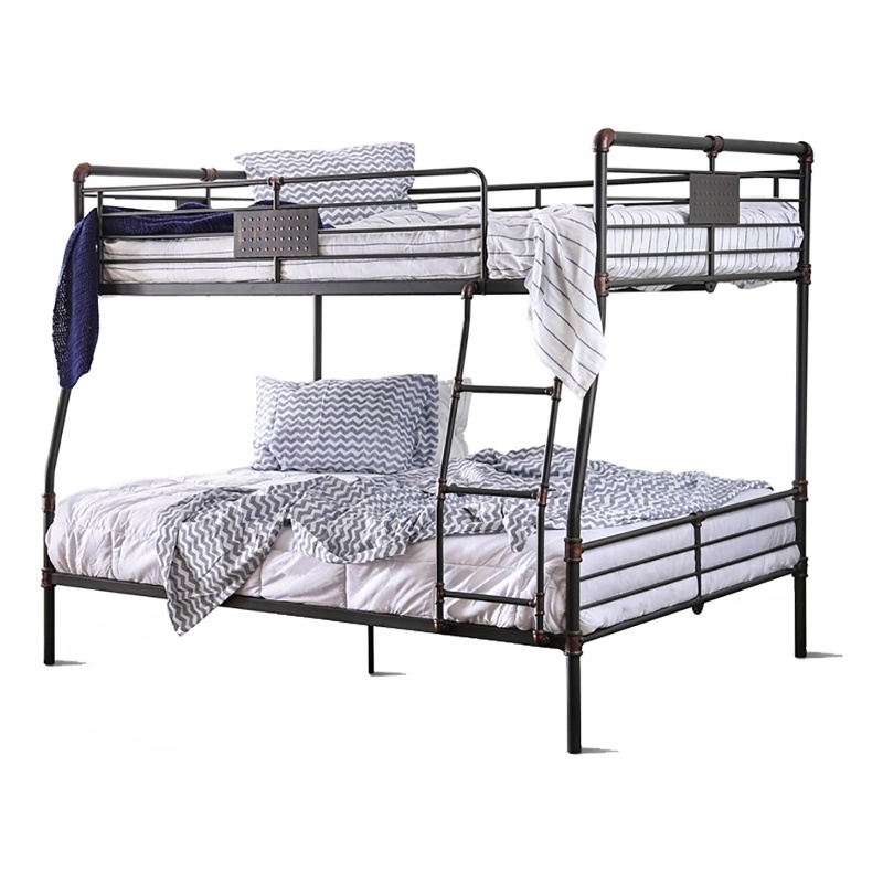 Bowery Hill Steel Metal Antique Black Bunk Bed Full Over Queen Rectangular Guard Rails 68.13