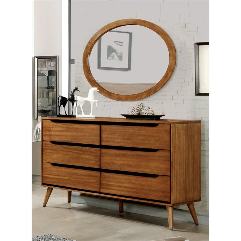 Bowery Hill 6 Drawer Dresser Oval Mirror Set in Oak