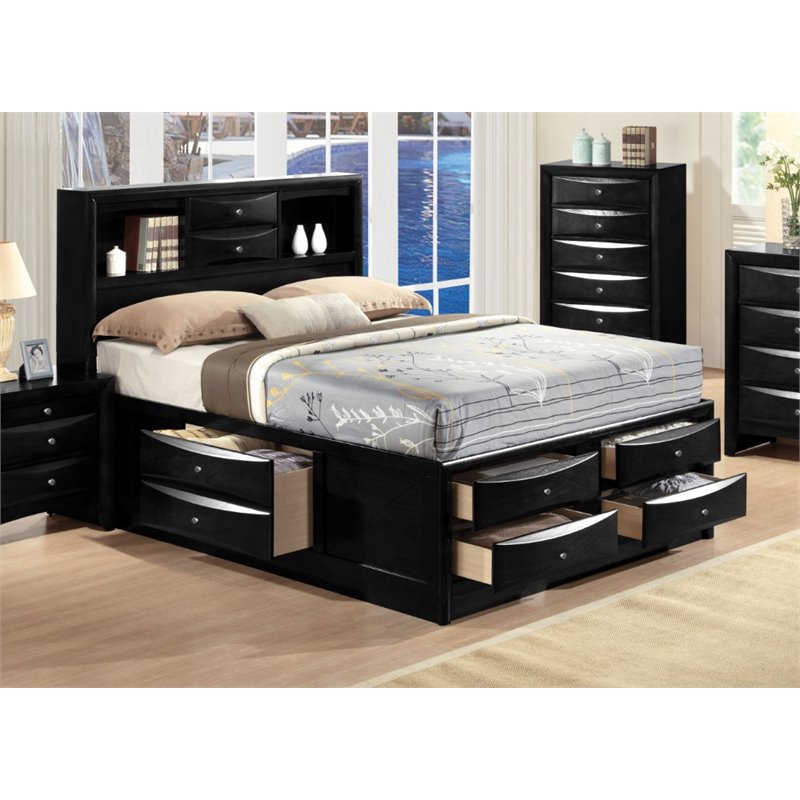 Bowery Hill Transitional Wood Metal Queen Bed with Storage in Black