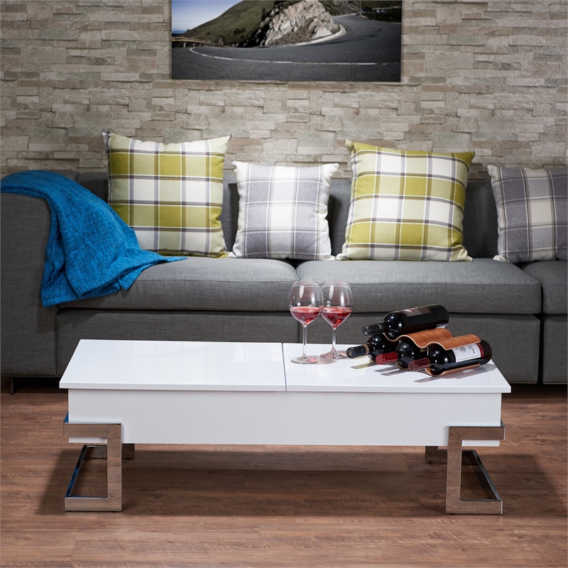 Bowery Hill Lift Top Coffee Table in White and Chrome