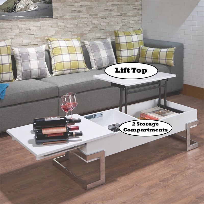 Bowery Hill Lift Top Coffee Table in White and Chrome