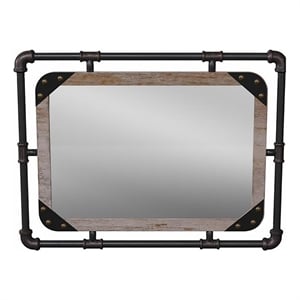 Bowery Hill Transitional Metal Wall/Wood Mirror in Antique Black/Natural
