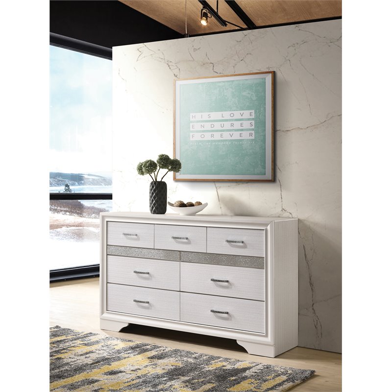 Bowery Hill 7 Drawer Dresser in White and Rhinestone