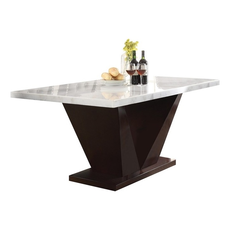 Bowery Hill Rectangular Marble Top Dining Table in White and Walnut