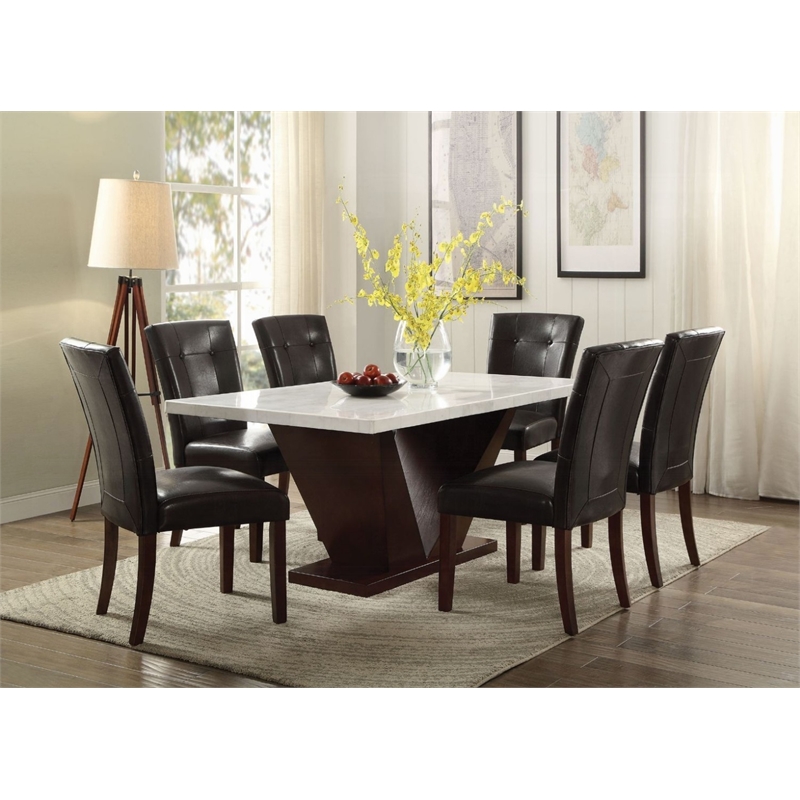 Bowery Hill Rectangular Marble Top Dining Table in White and Walnut
