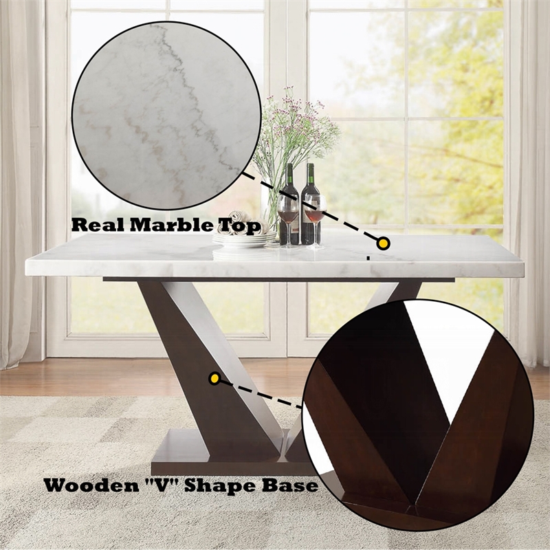 Bowery Hill Rectangular Marble Top Dining Table in White and Walnut