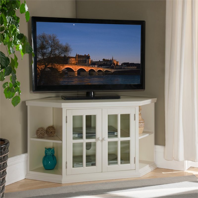 Bowery Hill Wood White Corner TV Stand Rectangular 46
