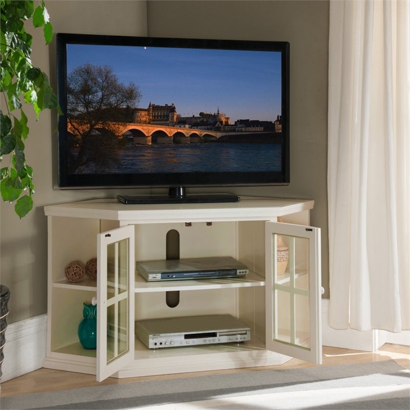 Bowery Hill Wood White Corner TV Stand Rectangular 46