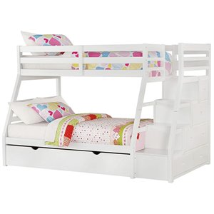 Bowery Hill Contemporary Wood Twin over Full Bunk Bed w/ Ladder in White