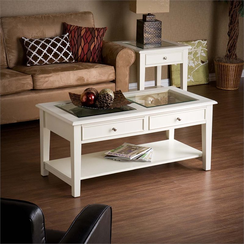 Bowery Hill Glass Top Coffee Table in Off White