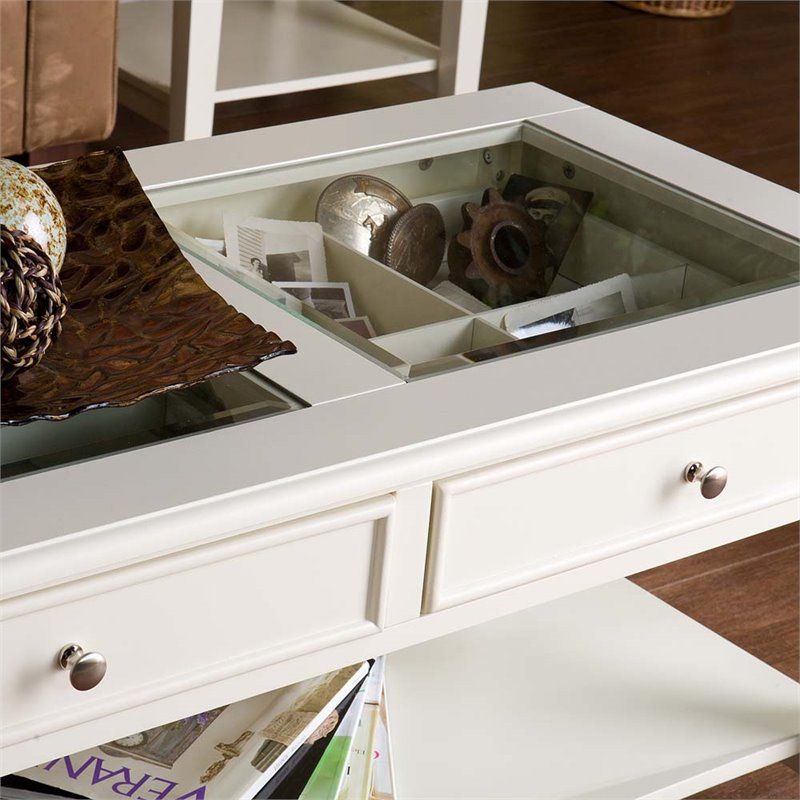 Bowery Hill Glass Top Coffee Table in Off White