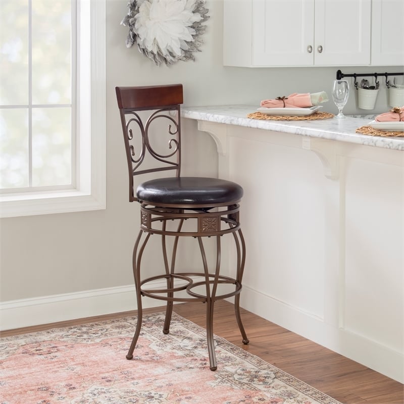 Bowery Hill Faux Leather Dark Brown Bar Stool Round Swivel 30.75