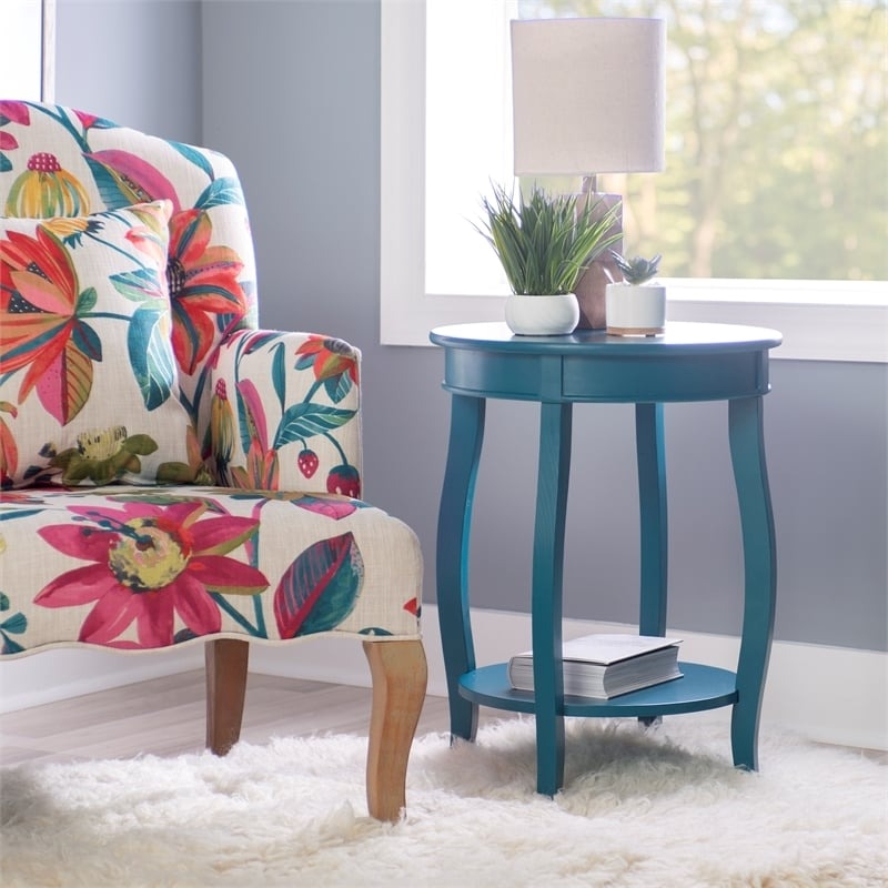 Bowery Hill Wood Teal Blue End Table Round Bentwood Skirt 24
