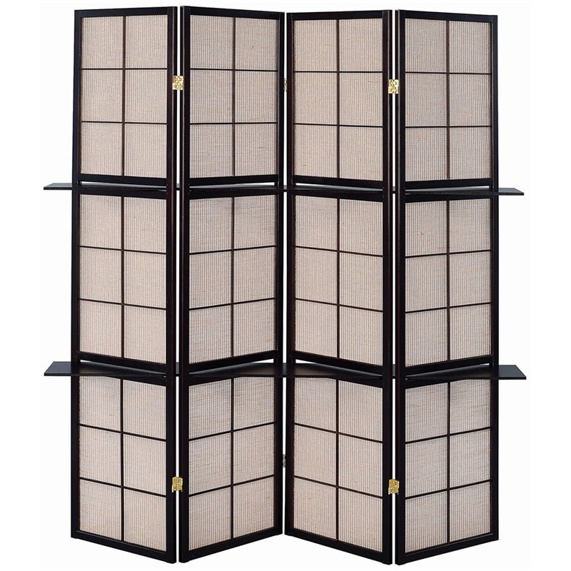 Bowery Hill 4 Panel 4 Shelf Room Divider in Tan and Cappuccino