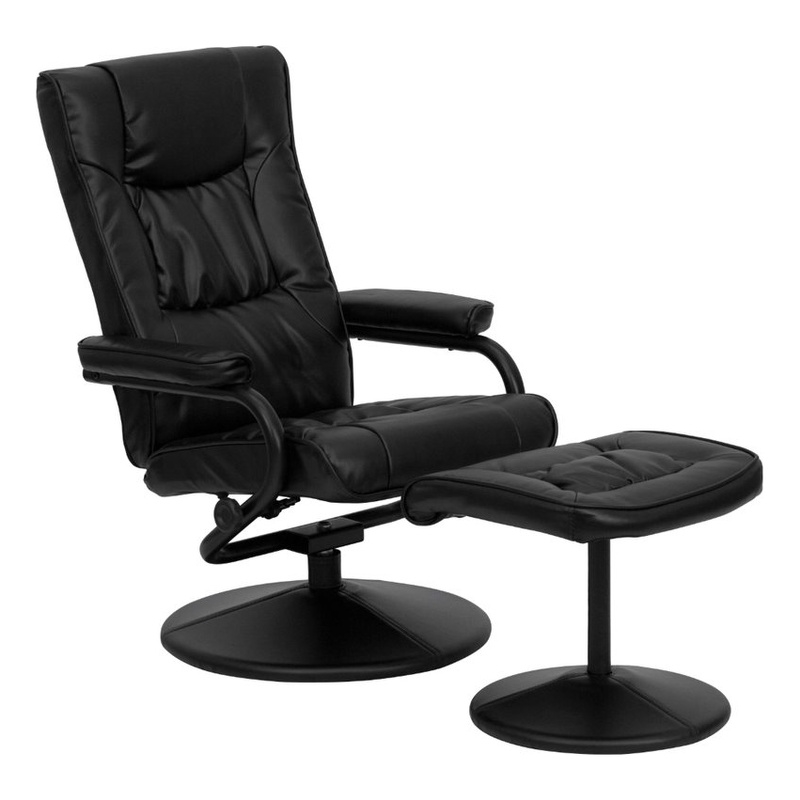 Bowery Hill Contemporary Leather Recliner and Ottoman with Wrapped Base in Black