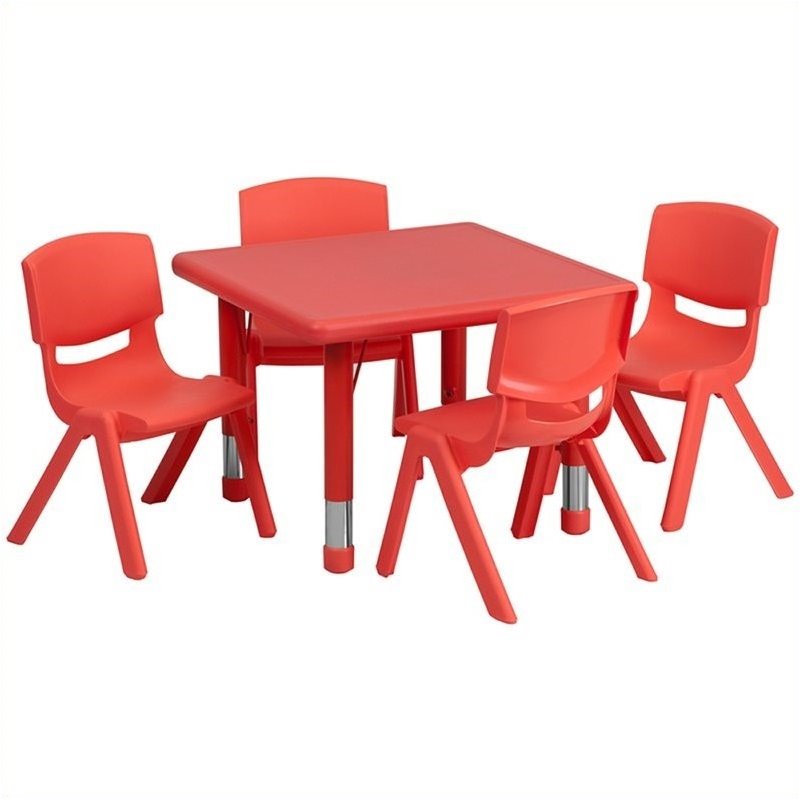 Bowery Hill 5 Piece Square Adjustable Activity Table Set in Red