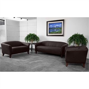 Bowery Hill Leather Upholstered Sloping Arms Sofa in Brown/Cherry