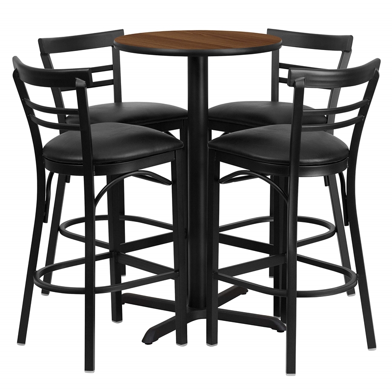 Bowery Hill 5 Piece Round Laminate Table Set in Walnut and Black