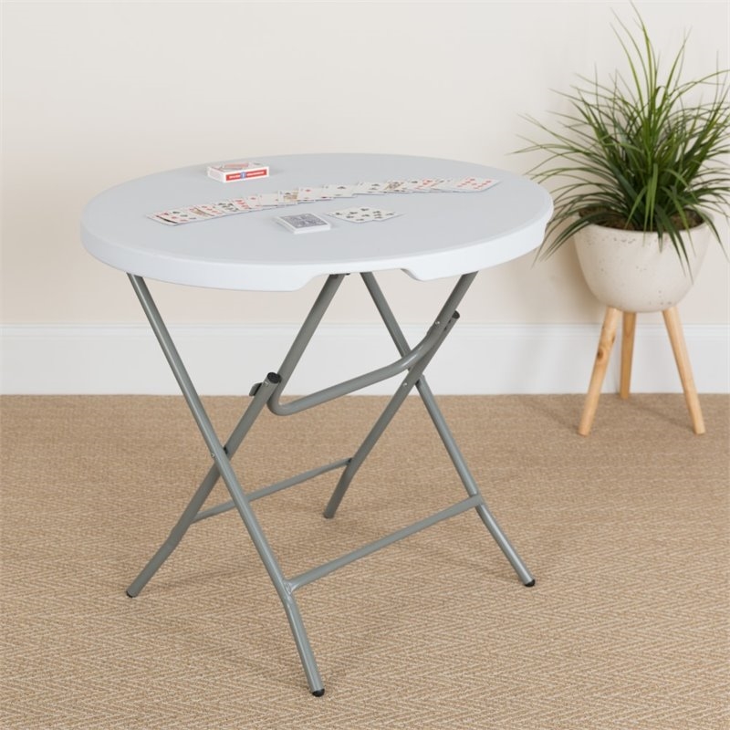 Bowery Hill Metal/Plastic Non-Locking Legs Round Folding Table in Granite White
