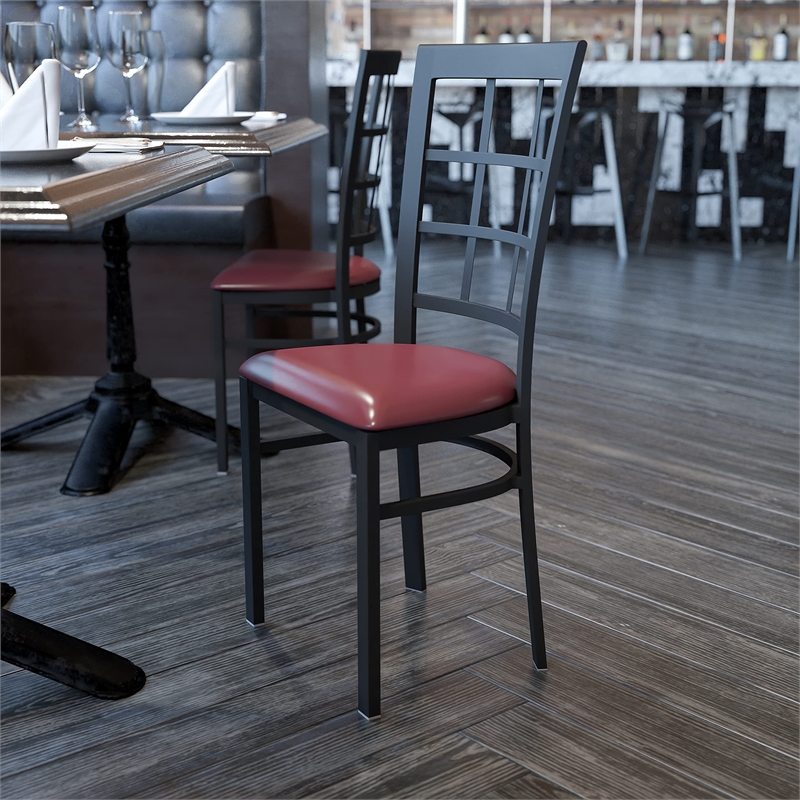 Bowery Hill Black Window Back Dining Chair in Burgundy