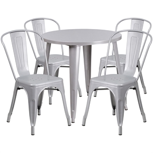 Bowery Hill 5 Piece 30&quot Round Metal Patio Dining Set in Silver