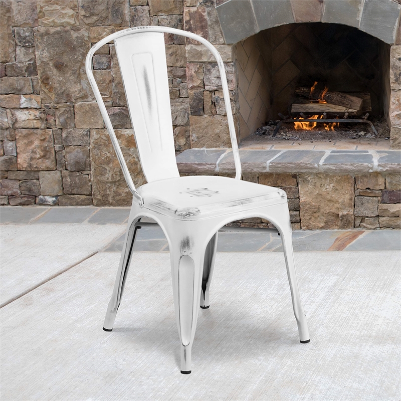 Bowery Hill Metal Dining Chair in Distressed White