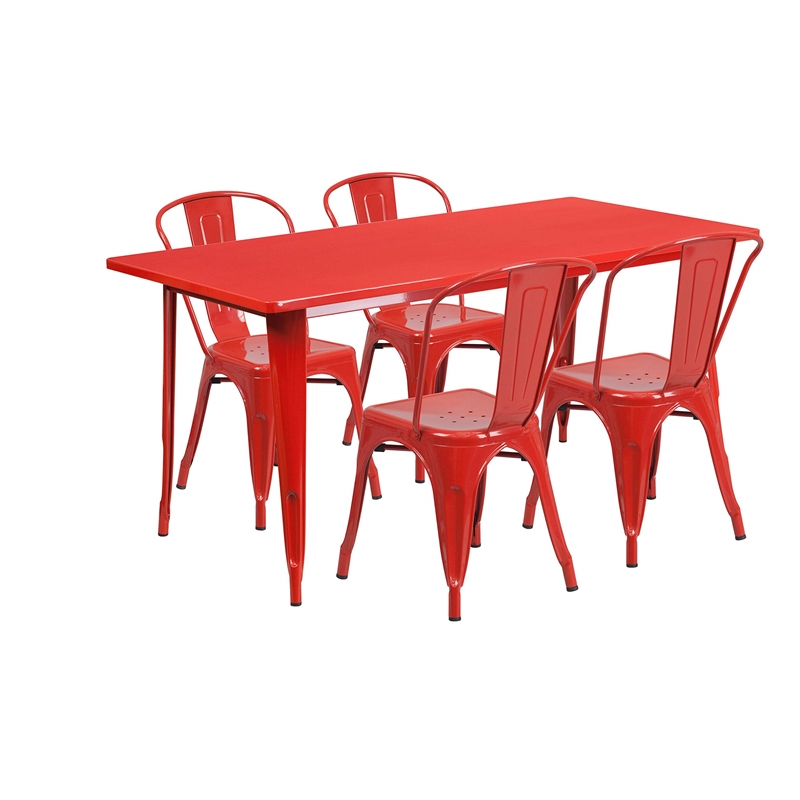 Bowery Hill 5 Piece Metal Dining Set in Red