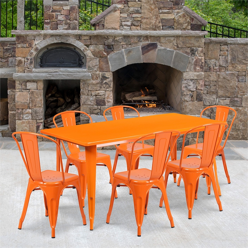 Bowery Hill 7 Piece Metal Dining Set in Orange
