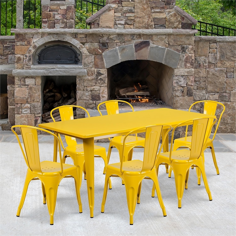 Bowery Hill 7 Piece Metal Dining Set in Yellow