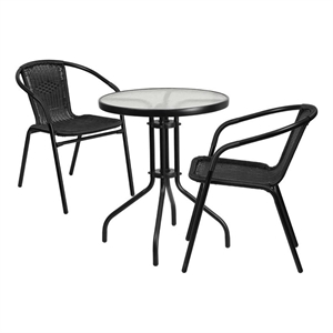 Bowery Hill 3 Piece Rattan/Metal Round Patio Bistro Set in Black