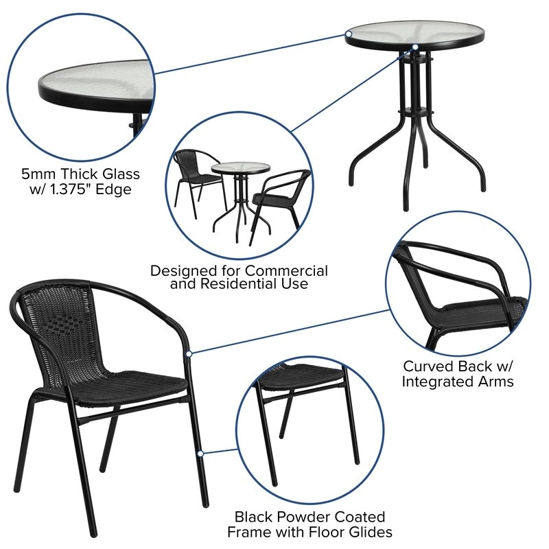 Bowery Hill 3 Piece Rattan/Metal Round Patio Bistro Set in Black