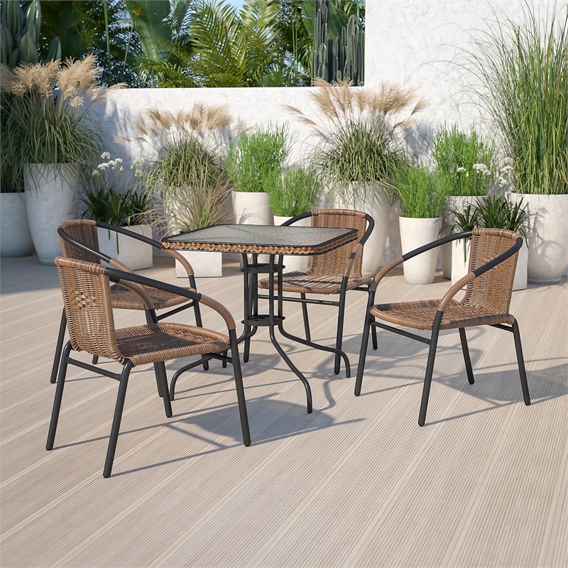 Bowery Hill Rattan/Glass Square Patio Dining Table in Black/Brown