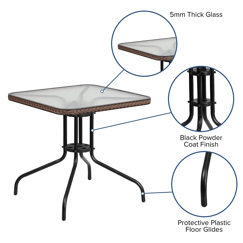 Bowery Hill Rattan/Glass Square Patio Dining Table in Black/Brown