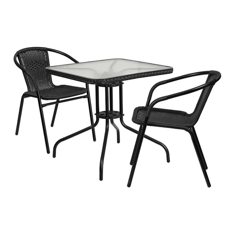 Bowery Hill 2 Piece Rattan/Glass Square Patio Dining Set in Black