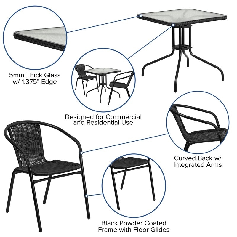 Bowery Hill 2 Piece Rattan/Glass Square Patio Dining Set in Black