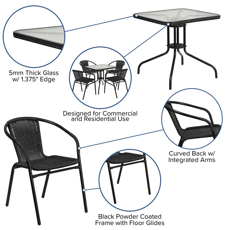 Bowery Hill 5 Piece Rattan/Glass Square Patio Dining Set in Black